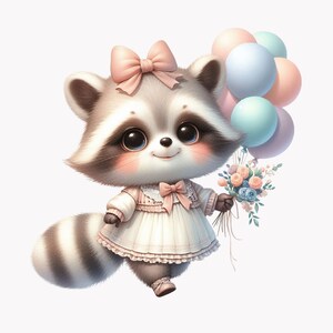 10 mignon raton laveur avec des ballons PNG Clipart, pastel fille raton laveur en robe tenant des fleurs, illustration d'animaux de pépinière