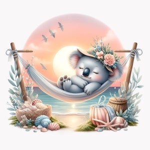 10 koalas relajándose en una hamaca PNG Clipart - Ilustración caprichosa de puesta de sol en la playa - Arte digital lindo para manualidades e impresiones