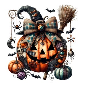 15 Halloween Zucca Clipart PNG Jack O'Lantern con Cappello da Strega Scopa Ragni Pipistrelli Teschio Luna / Download Digitale Arte
