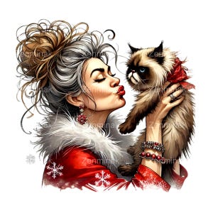 15 Clipart di gatti natalizi in formato PNG - Donna divertente con gatto scontroso in formato PNG - Arte di animali domestici per le vacanze per biglietti, regali e progetti fai da te invernali