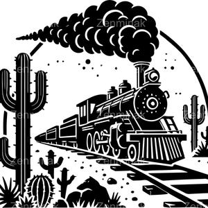 7 SVG de tren del desierto: archivo de corte de locomotora de vapor con paisaje de cactus. Clipart de ferrocarril vintage para manualidades occidentales y decoración de viajes.