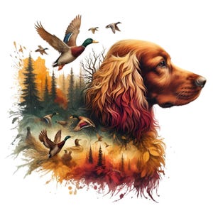 Puede incluir: Ilustración en acuarela de un Cocker Spaniel dorado con patos volando sobre una escena de bosque. El pelaje del perro está detallado con tonos marrones y dorados. Los patos están en vuelo, con plumas verdes, marrones y azules. El fondo incluye árboles y una paleta de colores otoñales.