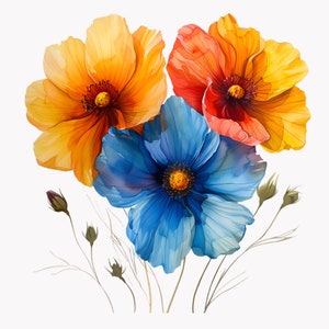 10 cliparts floraux aquarelles PNG - fleurs bleues, jaunes et orange vives avec boutons, illustration botanique