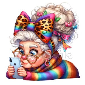Clipart de grand-mère avec un noeud arc-en-ciel | Illustration amusante et colorée 12 PNG | Parfait pour les travaux manuels et les projets numériques