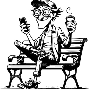 5 SVG eigenzinnige cartoon man met koffie gesneden SVG-bestand. Goofy man met bril en pet scrollt op zijn telefoon terwijl hij ontspant op een bankje