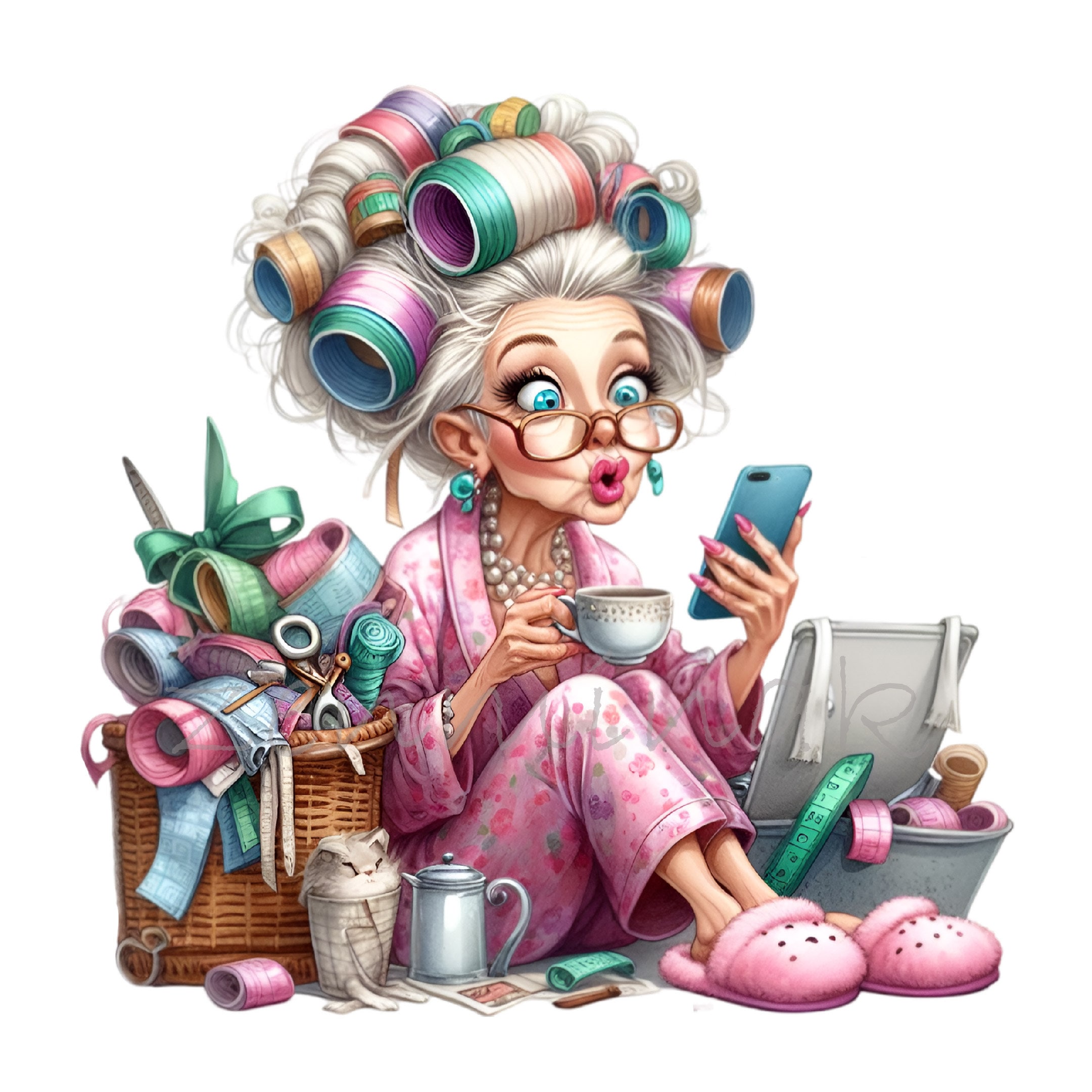 Crafting Grandma 12 PNG Clipart | Fun Granny With Coffee and Sewing ...