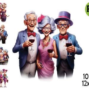 10 PNG Funny senior party PNG – Elderly friends clipart bundle – Retro wine celebration images for cards, crafts, mugs and birthdays
