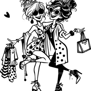May include: Black and white illustration of two women with sunglasses, holding shopping bags and wearing fashionable clothing. One woman wears a floral dress, the other a polka-dot coat. The image conveys a theme of shopping and friendship.
