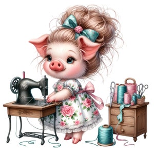 14 Imágenes PNG de una adorable costurera de cerdo: vestido floral, máquina de coser vintage, carretes y tijeras, adorables manualidades con animales.
