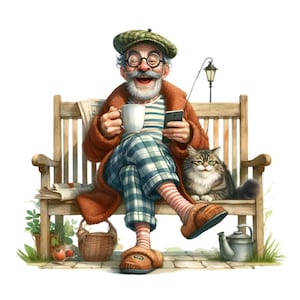 14 Clipart PNG homme âgé, grand-père heureux avec café et chat, art numérique fantaisiste, scène extérieure relaxante