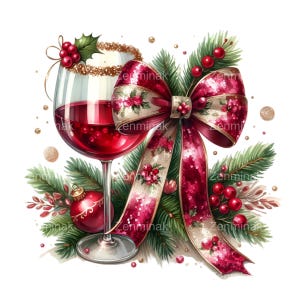 12 PNG Bicchiere da vino natalizio PNG – Clipart di vino natalizio con fiocco rosso e ornamenti, design di bevanda festiva per inviti per feste, artigianato e decorazioni
