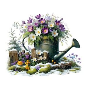 Peut inclure: Un arrosoir en métal vintage rempli de fleurs violettes, blanches et jaunes posé sur un sol enneigé avec une clôture en bois en arrière-plan.