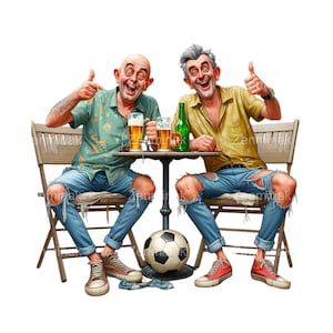 May include: Two men wearing casual clothing sit at a table outside, drinking beer and watching a soccer ball. They are smiling and giving thumbs up.