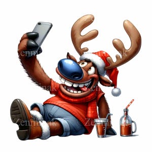 Renna di Natale divertente che scatta un selfie PNG / 12 renne dei cartoni animati festivi con cappello di Babbo Natale / Illustrazione carina per le vacanze
