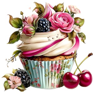 Può includere: Illustrazione digitale di un cupcake con glassa bianca, accenti rosa e composizione floreale. Il cupcake è decorato con rose rosa, more e ciliegie. Il pirottino per cupcake ha un motivo floreale.