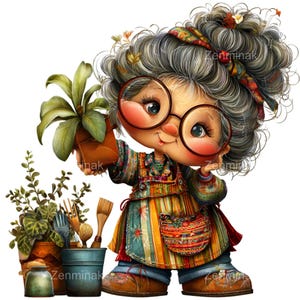 15 PNG Funny Gardening Grandma Clipart – PNG Cute Old Lady With Plants ...