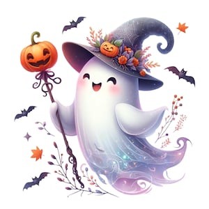 14 simpatici clipart PNG di fantasmi con bacchetta di zucca e cappello da strega, illustrazione di Halloween, arte decorativa autunnale spettrale