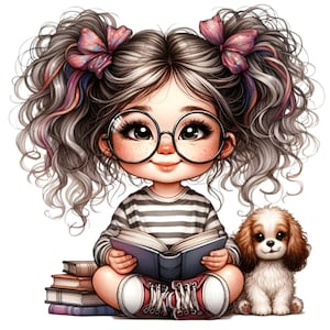 Può includere: Una bambina con i capelli castani in due code, che indossa occhiali e una camicia a righe, è seduta con un libro in grembo e un piccolo cane al suo fianco. È circondata da una pila di libri.