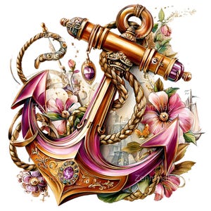 May include: An ornate illustration of a nautical anchor in gold and pink hues. The anchor is embellished with floral details, a rope, and a decorative clock face. The design incorporates a map and a small sailing boat.