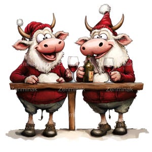 Clipart PNG di mucche festive - 15 mucche delle Highland con cappelli da Babbo Natale con vino a tavola - Arte di animali da fattoria di Natale per artigianato e decorazioni per le vacanze