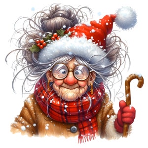 Quirky Santa Grandma 12 PNG Comics Senior Woman Christmas Cartoon illustration clipart, sublimation imprimable