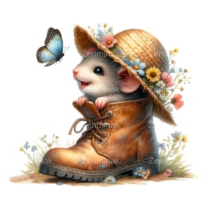 15 Clipart PNG de jolie souris dans une botte – chapeau de paille avec des fleurs, souris souriante regardant un papillon, art animalier printanier