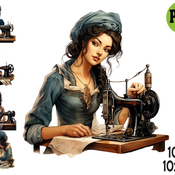 Seamstress Clipart Illustration PNG, Vintage Sewing Machine, Tailoring Sublimation