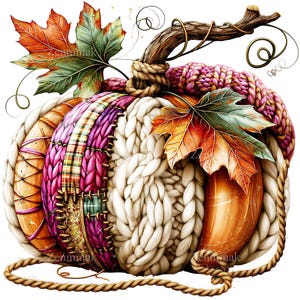 May include: An illustrated pumpkin with a distinctive design. It features sections of orange, white, and purple knitted textures, a brown stem, and rope detailing. The design is enhanced with colourful autumn leaves, evoking a seasonal theme.