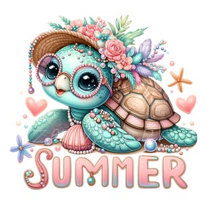 20 Sommer Schildkröte PNG Clipart, süße Strand Meeresschildkröte mit Sonnenbrille und Blumen, Meerestier Illustration für Kinder