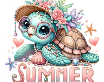 20 Summer Turtle PNG Clipart, Cute Beach Sea Turtle with Sunglasses and Flowers, Ocean Animal Illustration for Kids