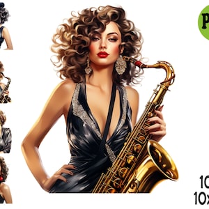 10 cliparts femme jazz PNG Dame glamour avec saxophone musique Fashion Style élégant rétro | Téléchargement d'art numérique