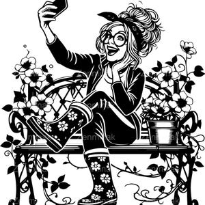 5 SVG Funny Garden Selfie Lady SVG Cut File, Cartoon Woman in Rain Boots on Bench with Flowers, Phone Pose Clipart for Crafts
