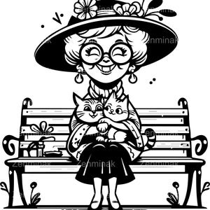 6 lindos archivos SVG de abuela, imágenes prediseñadas de mujer mayor con gatitos, silueta de dama vintage en un banco, arte digital para amantes de los gatos
