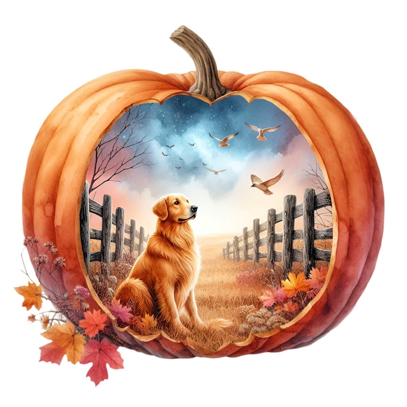 15 PNG Golden Retriever Pumpkin Fall Dog Clipart, Autumn Leaves - Etsy