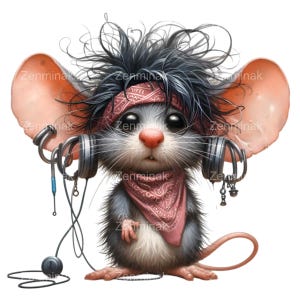 Ratón PNG Clipart - 14 adorables ratones con auriculares y pañuelo - Genial ilustración de animales con temática musical para decoración y manualidades