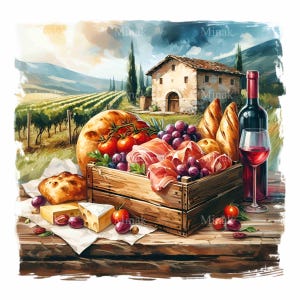 12 Clipart PNG di picnic italiano, scena di cibo rustico di campagna con vino, pane, formaggio, vigneto e vista sulla fattoria