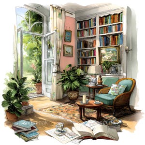 May include: Watercolor illustration of a cozy reading nook. Features a wicker armchair with a floral cushion, a bookshelf filled with books, and a small round table with a lamp. The room has an open door leading to a garden.