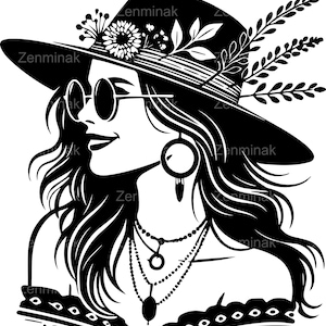 5 SVG de mujer con sombrero floral, archivo de corte SVG - Elegante silueta femenina con plumas y joyas - Diseño de imágenes prediseñadas de moda