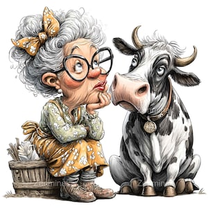 Pode incluir: Ilustração humorística de uma velha e uma vaca. A mulher, com óculos e um vestido floral, olha pensativamente para a vaca. A vaca em preto e branco tem uma coleira castanha e uma expressão curiosa, criando uma cena encantadora.