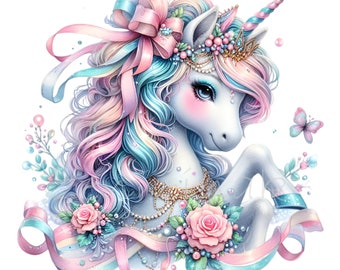Unicorn Clipart, 10 PNG Watercolor Rainbow, Dancing Unicorn, Newborn Clipart, Birthday Clipart, Kids Shirt, Mug Tumbler Sublimation