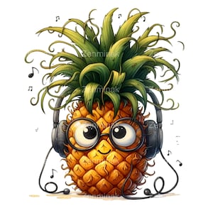Może przedstawiać: Kreskówkowy ananas w czarnych słuchawkach i okrągłych okularach, wokół którego unoszą się nutki muzyczne. Ananas ma radosny wyraz twarzy i słucha muzyki.