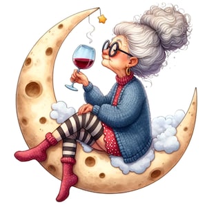 Relaksująca Pani Księżycowa Clipart, 10 Starszych Kobiet Pijących Wino Na Półksiężycu, Noc PNG, Sztuka Cyfrowa Do Wystroju Domu i Projektów