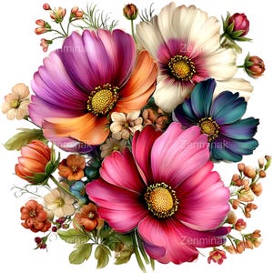 Peut inclure: Un arrangement floral vibrant avec de grandes fleurs de cosmos colorées. Les fleurs présentent un dégradé de couleurs, notamment rose, violet, orange, blanc et sarcelle, avec des centres jaunes. De plus petites fleurs et des bourgeons ajoutent des détails, le tout sur fond blanc.