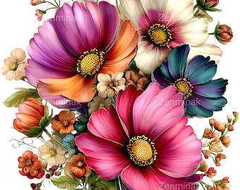 15 PNG Colorful Cosmos Flower Clipart – Watercolor Wildflower Bouquet, Bright Floral Art for Crafts, Cards, Stickers, Sublimation