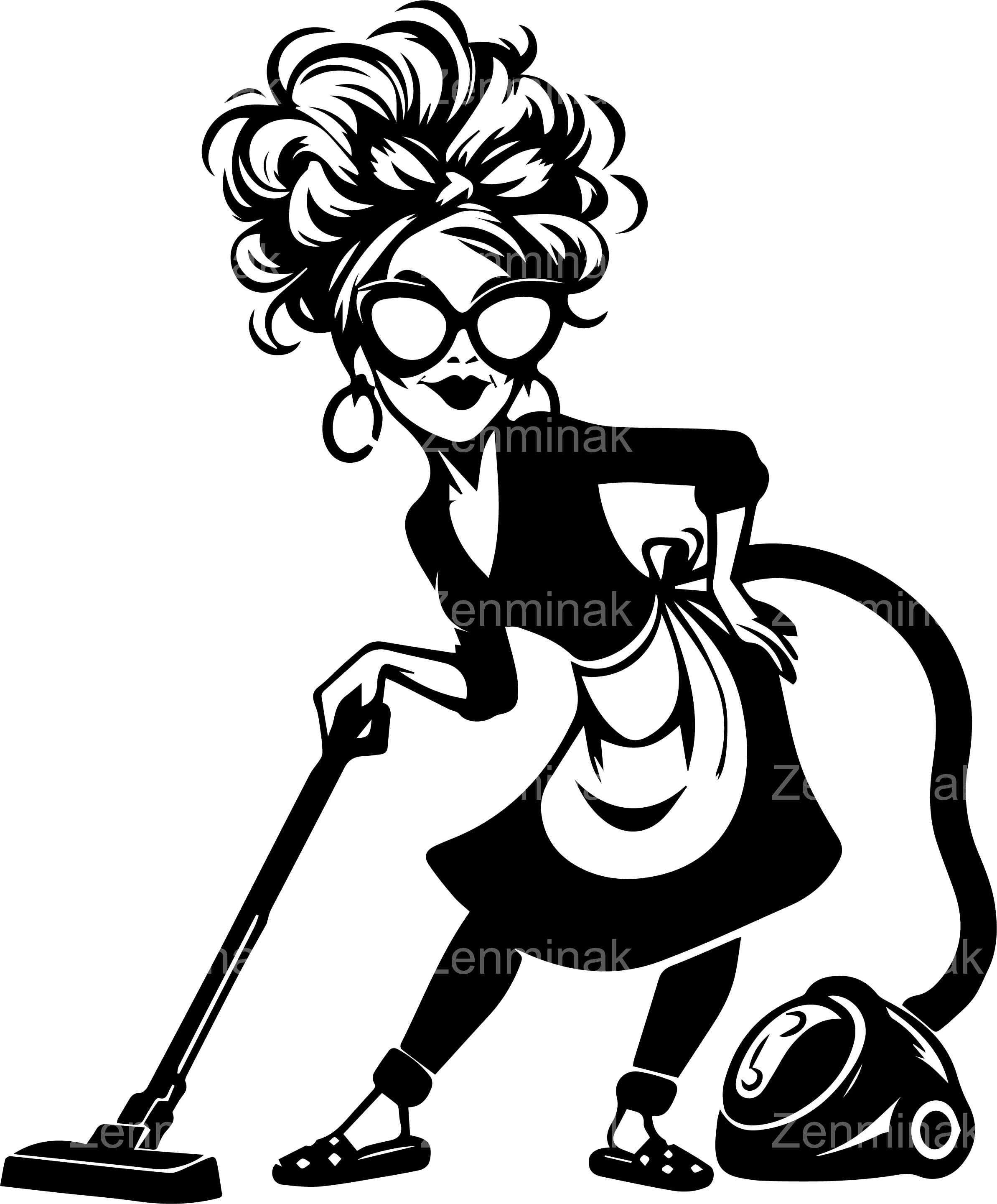 5 SVG Retro Housekeeper SVG, Funny Cleaning Lady Cut File, Vintage Maid Vacuuming Clipart for Cricut & Silhouette