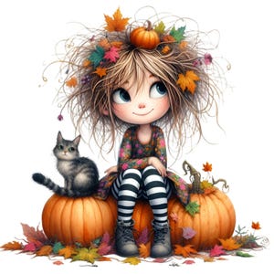 15 Imágenes prediseñadas PNG de chica otoñal con gato, hojas de otoño, cabello y calabazas, medias a rayas, ilustración de personaje lindo