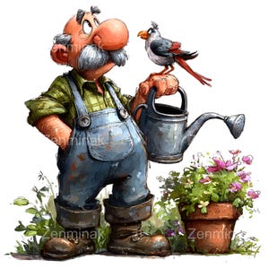 Puede incluir: Una ilustración de dibujos animados de un jardinero calvo con bigote que viste una camisa de cuadros verdes y un peto azul, sosteniendo una regadera de metal gris con un pájaro encima, junto a una maceta de terracota con flores rosas.