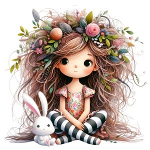 Ragazza dai capelli floreali con coniglietto PNG - 15 graziosi disegni per bambini con leggings a righe e corona di fiori per la decorazione dei bambini