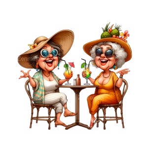 18 divertenti clipart di donne anziane in formato PNG, vacanze estive con cocktail, grandi cappelli e occhiali, illustrazione di donne anziane stravaganti