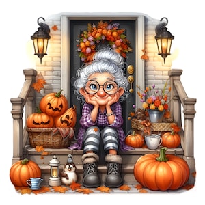 12 Clipart della nonna autunnale PNG Signora anziana felice in veranda con zucche, foglie autunnali, lanterna / Download digitale di arte